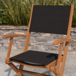Merrick Lane Set Of 2 Indoor/Outdoor Acacia Wood Folding Patio Bistro Armchairs With Black Textilene Mesh Back And Seat, Natural -Furniture Shop GUEST a1fc6a58 57b8 457d b3c0 df410c3fa32b