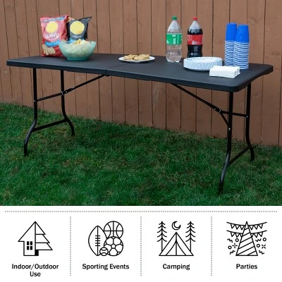 Folding Table - Lightweight Portable Folding Desk - 6-Foot-Long Plastic Table For Camping, Playing Cards, Parties, And Dining By Everyday Home (Black) 4 Folding Table - Lightweight Portable Folding Desk - 6-Foot-Long Plastic Table For Camping, Playing Cards, Parties, And Dining By Everyday Home (Black) - Image 2