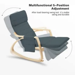 JOMEED Wooden Based Rocking Chair Armchair With Fabric Padded Seat And 5-Position Adjustable Footrest For Living Rooms Or Nurseries