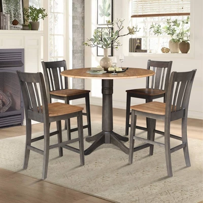 42" Round Dual Drop Leaf Counter Height Dining Table With 4 Splat Back Stools Hickory/Washed Coal - International Concepts 3 42" Round Dual Drop Leaf Counter Height Dining Table With 4 Splat Back Stools Hickory/Washed Coal - International Concepts