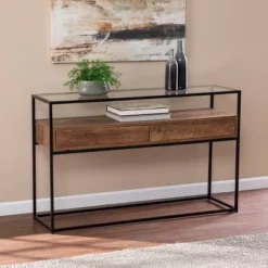 Slehidi Glass Top Console Table With Storage Black/Natural - Aiden Lane -Furniture Shop GUEST ad305531 daa6 42c9 a232 5b9103c21410