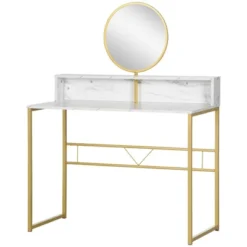 HOMCOM Modern Vanity Makeup Desk With Mirror, Dressing Table With Open Storage, Faux Marble Finish And Steel Frame For Bedroom, White And Gold -Furniture Shop GUEST af3eadda f9b1 42c1 b174 b25d988c8247