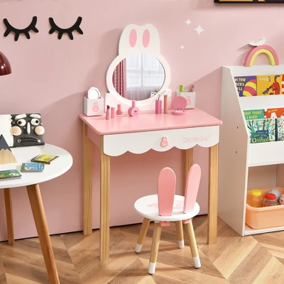 Costway Kids Vanity Set Rabbit Makeup Dressing Table Chair Set W/ Mirror Drawer WhitePink 3 Costway Kids Vanity Set Rabbit Makeup Dressing Table Chair Set W/ Mirror Drawer WhitePink