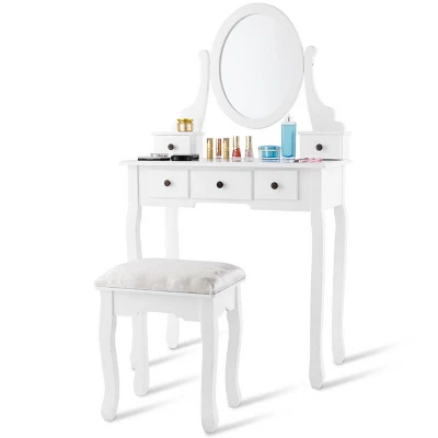 Costway Makeup Desk Vanity Dressing Table Oval Stool 5 Storage Drawers 4 Costway Makeup Desk Vanity Dressing Table Oval Stool 5 Storage Drawers - Image 2