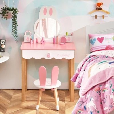Costway Kids Vanity Set Rabbit Makeup Dressing Table Chair Set W/ Mirror Drawer WhitePink 4 Costway Kids Vanity Set Rabbit Makeup Dressing Table Chair Set W/ Mirror Drawer WhitePink - Image 2