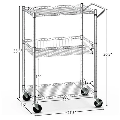 Costway 3-Tier Utility Cart Heavy Duty Wire Rolling Cart W/Handle Bar Storage Trolley 3 Costway 3-Tier Utility Cart Heavy Duty Wire Rolling Cart W/Handle Bar Storage Trolley