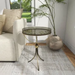 Metal And Glass Round Pedestal Table Gold - Olivia & May -Furniture Shop GUEST c736284d 6610 4387 9b41 0938f9e04f1c