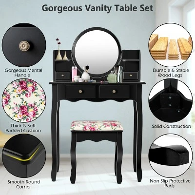 Tangkula Vanity Table Set W/Detachable Mirror & Stool Black/White 11 Tangkula Vanity Table Set W/Detachable Mirror & Stool Black/White - Image 9