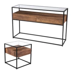 Slehidi Glass Top Console Table With Storage Black/Natural - Aiden Lane -Furniture Shop GUEST cdc07bda 6fb2 4d53 80d5 e090724919e8