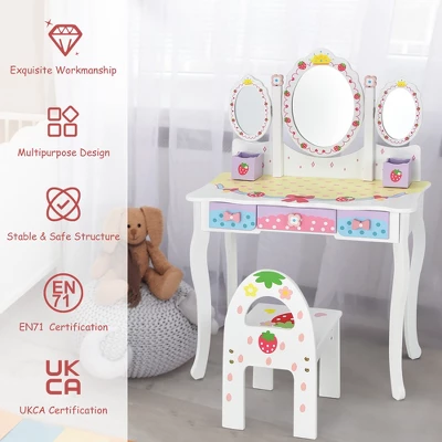 Costway Kids Vanity Princess Makeup Dressing Table Chair Set W/ Tri-fold Mirror White 9 Costway Kids Vanity Princess Makeup Dressing Table Chair Set W/ Tri-fold Mirror White - Image 7