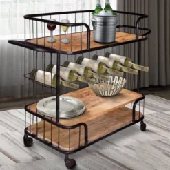 2 Shelves And Metal Frame Bar Cart With Wooden Top Black/Brown - The Urban Port -Furniture Shop GUEST d426a312 e912 4021 a554 ab7b41a0eb80