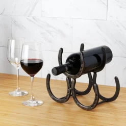 Foster & Rye Horseshoe Countertop Metal Wine Rack, Cast Iron Wine Bottle Holder, Holds 3 Standard Wine Bottles, 10" X 5.5" X 8.5"