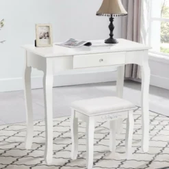 Costway White Vanity Wood Makeup Dressing Table Stool 3 Drawer