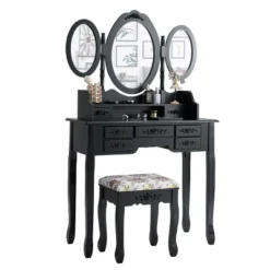 Tangkula Tri-Folding Mirror Vanity Makeup Set Dressing Table & Stool Unit W/ 7 Drawer -Furniture Shop GUEST da34f162 ab63 4dea 9258 3967d38f0f26