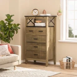 Bestier Rustic Storage Cabinet Organizer Table With 2 Display Shelves And 5 Drawers For Living Room, Office, Bedroom, Or Hallway, Brown 8 Bestier Rustic Storage Cabinet Organizer Table With 2 Display Shelves And 5 Drawers For Living Room, Office, Bedroom, Or Hallway, Brown -Furniture Shop GUEST dd9312fe 4388 4d90 a192 b0bfd8998e25