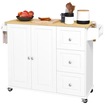 HOMCOM Kitchen Island With Drop Leaf, Rolling Kitchen Cart On Wheels With 3 Drawers, Cabinet, Natural Wood Top, Spice Rack And Towel Rack, White 5 HOMCOM Kitchen Island With Drop Leaf, Rolling Kitchen Cart On Wheels With 3 Drawers, Cabinet, Natural Wood Top, Spice Rack And Towel Rack, White - Image 3