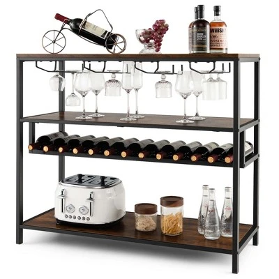 Costway Rustic Wine Rack Table 13 Bottles Wine Bar Cabinet Freestanding With Glass Holder 11 Costway Rustic Wine Rack Table 13 Bottles Wine Bar Cabinet Freestanding With Glass Holder - Image 9