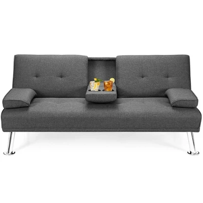 Costway Convertible Folding Futon Sofa Bed Fabric W/2 Cup Holders Light Gray/Dark Gray 13 Costway Convertible Folding Futon Sofa Bed Fabric W/2 Cup Holders Light Gray/Dark Gray - Image 11