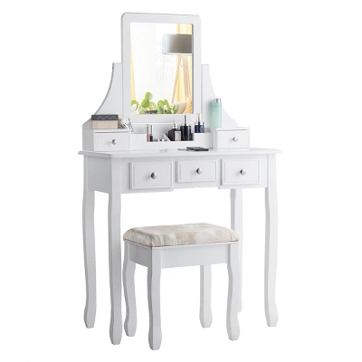 Tangkula Rotatable Mirror Vanity Set Makeup Dressing Table And Stool W/ 5 Drawers 3 Tangkula Rotatable Mirror Vanity Set Makeup Dressing Table And Stool W/ 5 Drawers