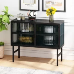 43.31" Contemporary Glass Door Cabinet With Two Levels Of Storage, Black - ModernLuxe