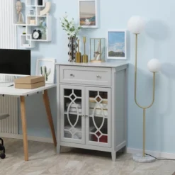 HOMCOM Kitchen Cabinet, Storage Cabinet, Sideboard Floor Accent Cabinet W/ 2 Glass Doors, Drawer, Adjustable Shelves For Living Room Entryway, Gray