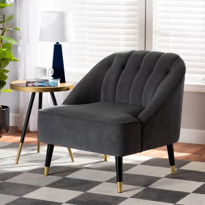 Ellard Velvet Fabric Upholstered Two-Tone Wood Accent Chair Gray/Dark Brown - Baxton Studio 5 Ellard Velvet Fabric Upholstered Two-Tone Wood Accent Chair Gray/Dark Brown - Baxton Studio - Image 3