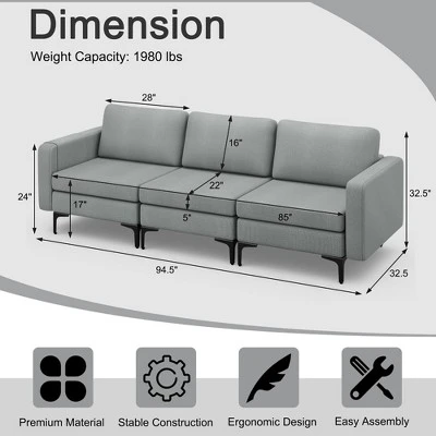 Costway Modern Modular 3-Seat Sofa Couch W/ Side Storage Pocket & Metal Leg GreenGrey 5 Costway Modern Modular 3-Seat Sofa Couch W/ Side Storage Pocket & Metal Leg GreenGrey - Image 3