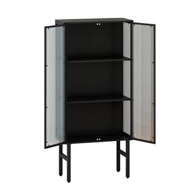 61.61" High Contemporary Glass Door Cabinet With Two Levels Of Storage, Black - ModernLuxe 5 61.61" High Contemporary Glass Door Cabinet With Two Levels Of Storage, Black - ModernLuxe - Image 3